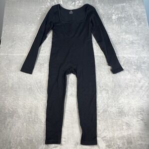 Womens M Black Square Neck Ribbed Long Sleeve Unitard Slim Yoga Bodysuit Bodycon